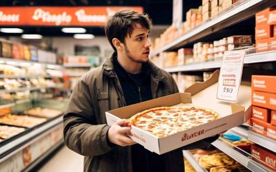 Illustration of a stack of pizza boxes with a price tag, symbolizing the cost of pizza box production and pricing analysis.